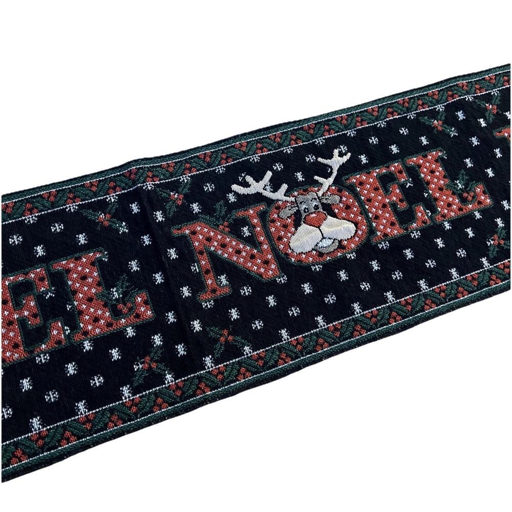 Vintage Christmas Table Runner Tapestry Noel Moose Cabin Holly Snow 72" X 111